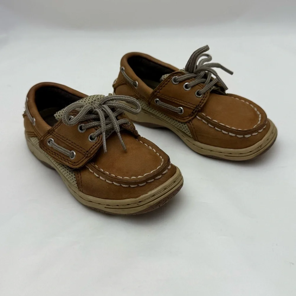 Sperry Billfish Boys Youth 8.5M Tan Leather Boat Shoes Lace Up Moc Toe